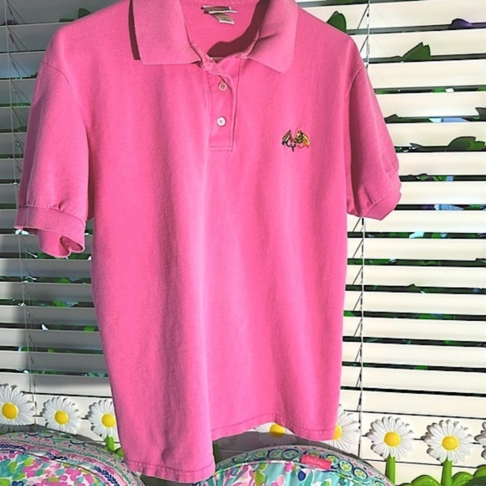 Cotton Deluxe by Anvil Barbie pink polo shirt with equestrian embroidery